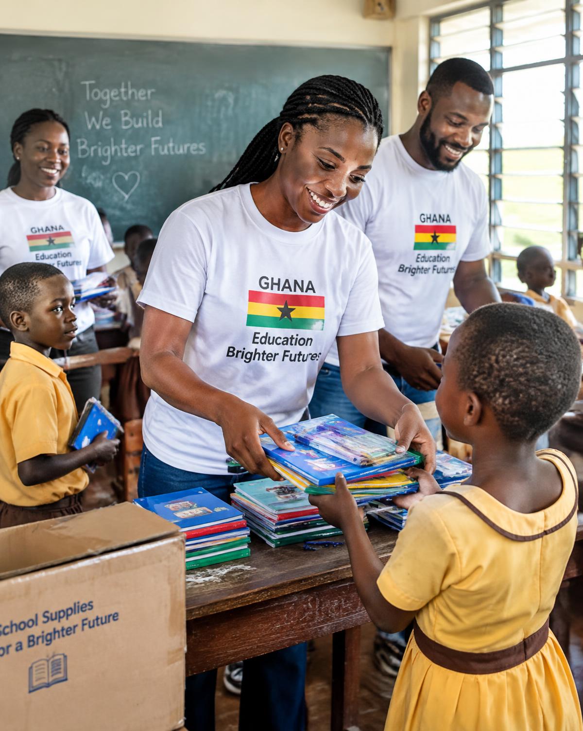 Volunteers handing school supplies to pupils in a Ghanaian classroom