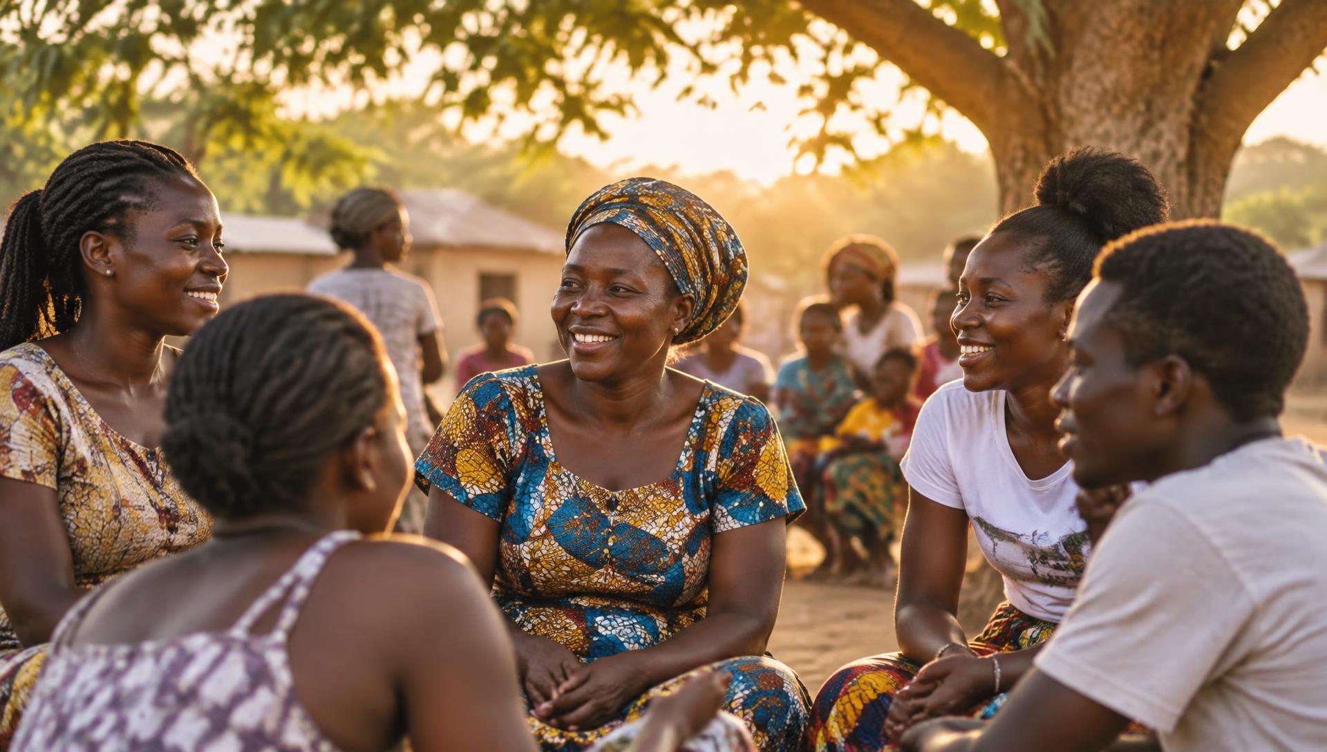 Community members in Ghana gathered together in conversation at golden hour